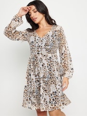 PixieGirl Petite Brown Leopard Print Smock Mini Dress - Image 1 of 5