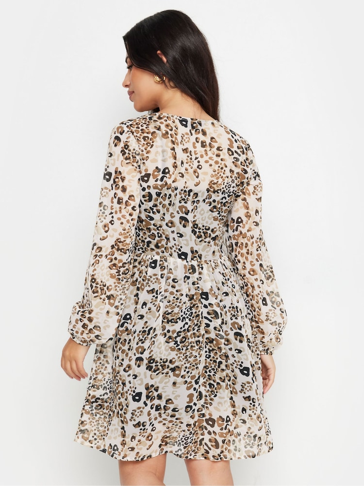 PixieGirl Petite Brown Leopard Print Smock Mini Dress - Image 4 of 5