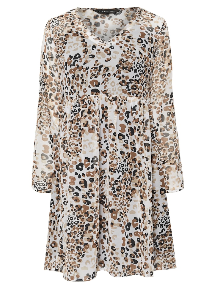 PixieGirl Petite Brown Leopard Print Smock Mini Dress - Image 5 of 5