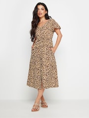 PixieGirl Petite Beige Brown Leopard Print Frill Sleeve Midi Dress With Linen - Image 1 of 5
