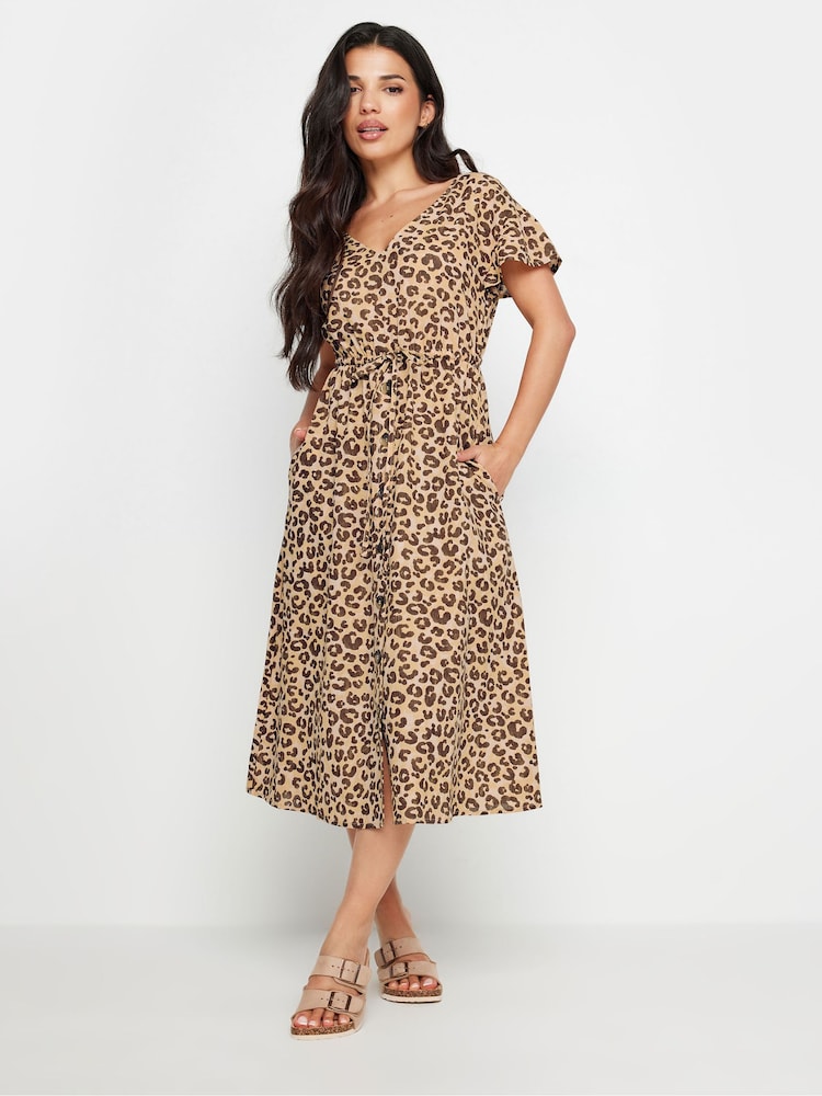 PixieGirl Petite Beige Brown Leopard Print Frill Sleeve Midi Dress With Linen - Image 1 of 5