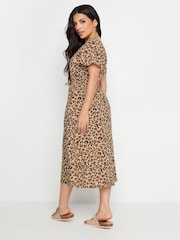 PixieGirl Petite Beige Brown Leopard Print Frill Sleeve Midi Dress With Linen - Image 3 of 5