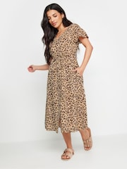 PixieGirl Petite Beige Brown Leopard Print Frill Sleeve Midi Dress With Linen - Image 4 of 5