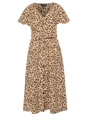 PixieGirl Petite Beige Brown Leopard Print Frill Sleeve Midi Dress With Linen - Image 5 of 5