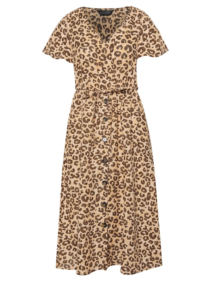 PixieGirl Petite Beige Brown Leopard Print Frill Sleeve Midi Dress With Linen - Image 5 of 5
