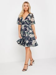 PixieGirl Petite Blue Floral Mesh Wrap Midi Dress - Image 1 of 5