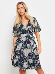 PixieGirl Petite Blue Floral Mesh Wrap Midi Dress - Image 2 of 5
