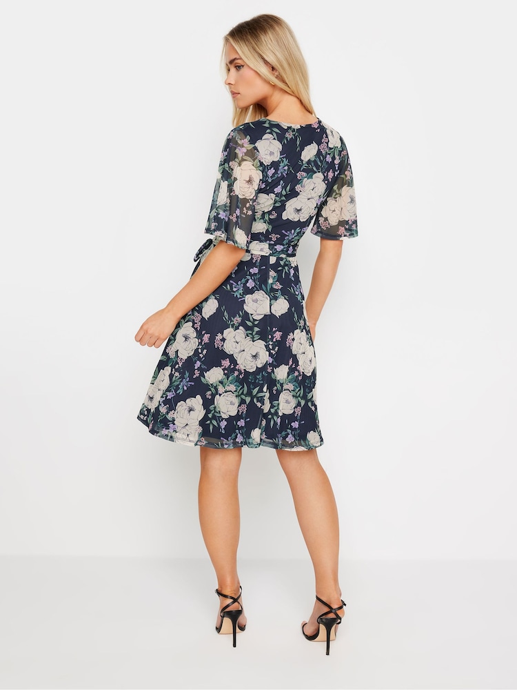 PixieGirl Petite Blue Floral Mesh Wrap Midi Dress - Image 3 of 5