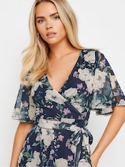 PixieGirl Petite Blue Floral Mesh Wrap Midi Dress - Image 4 of 5