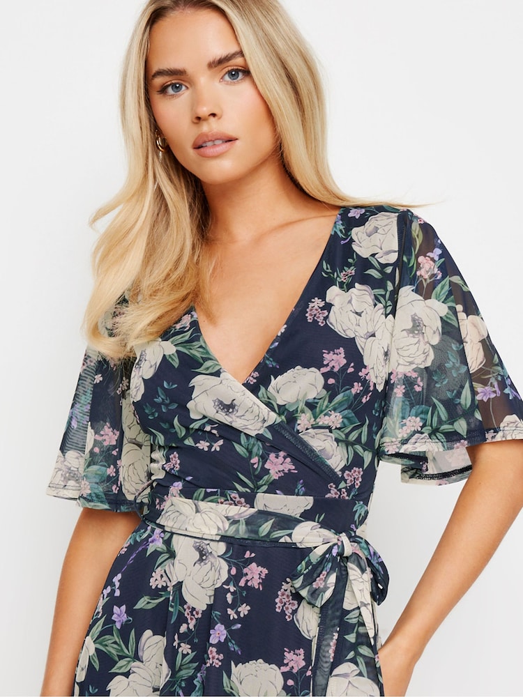 PixieGirl Petite Blue Floral Mesh Wrap Midi Dress - Image 4 of 5