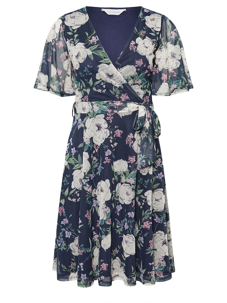 PixieGirl Petite Blue Floral Mesh Wrap Midi Dress - Image 5 of 5