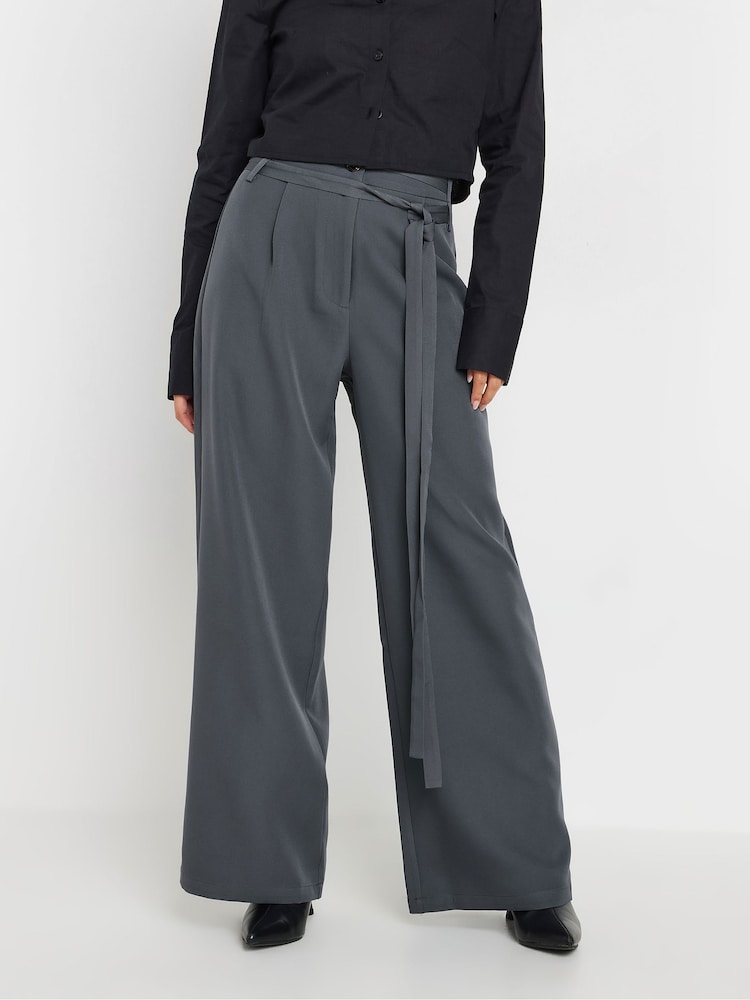 PixieGirl Petite Grey Double Wrap Belted Wide Leg Trousers - Image 2 of 5