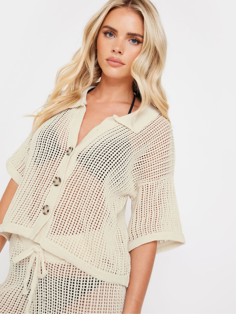 PixieGirl Petite Cream Crochet Short Sleeve Shirt - Image 1 of 5