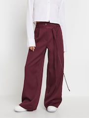 PixieGirl Petite Burgundy Red Double Wrap Belted Wide Leg Trousers - Image 2 of 5