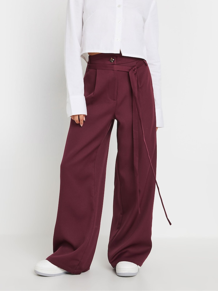 PixieGirl Petite Burgundy Red Double Wrap Belted Wide Leg Trousers - Image 2 of 5