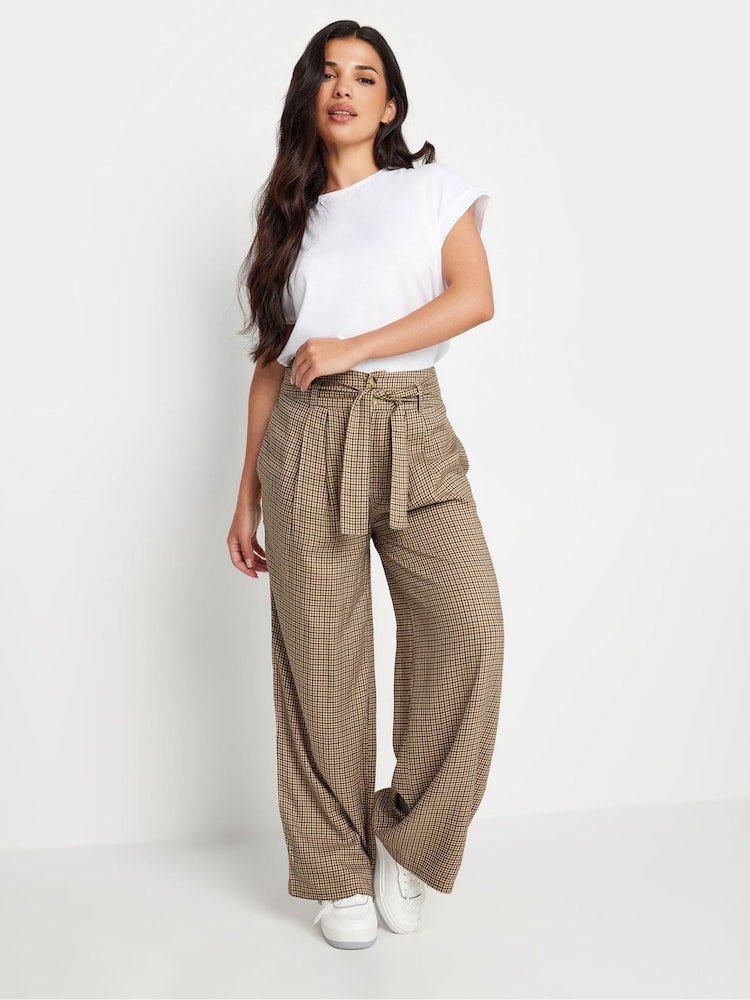 PixieGirl Petite Brown Check Wide Leg 100% Cotton Trousers - Image 1 of 5