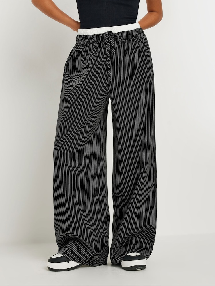 PixieGirl Petite Dark Black Pinstripe Wide Leg Trousers - Image 2 of 4