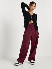 PixieGirl Petite Burgundy Red Utility Wide Leg Trousers - Image 1 of 4