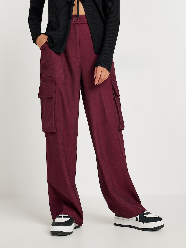 PixieGirl Petite Burgundy Red Utility Wide Leg Trousers - Image 2 of 4