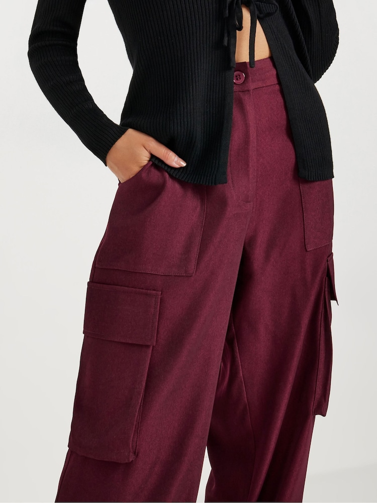 PixieGirl Petite Burgundy Red Utility Wide Leg Trousers - Image 4 of 4