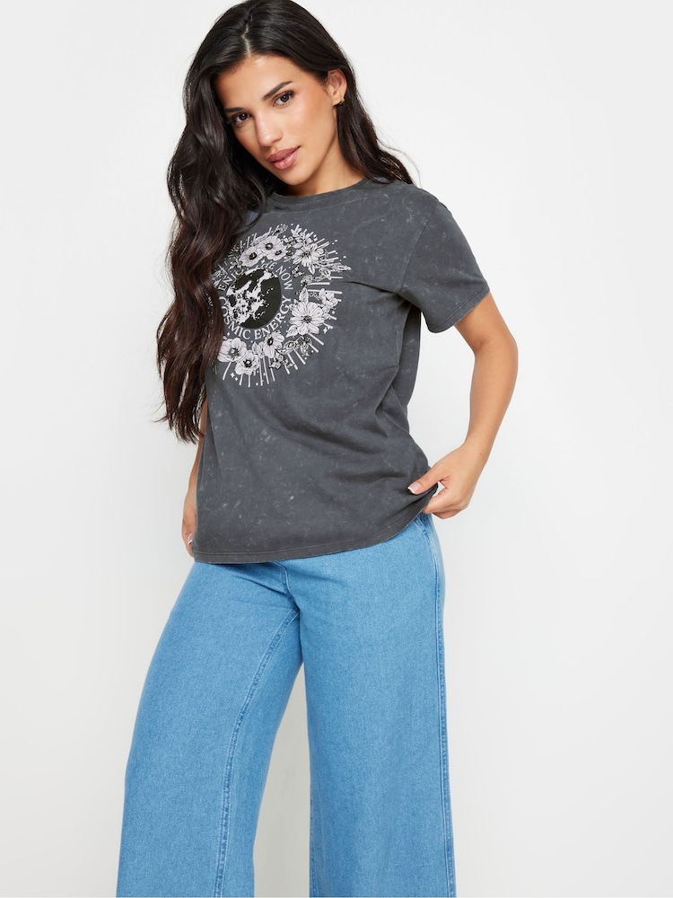 PixieGirl Petite Grey Acid Wash 'Cosmic Energy' 100% Cotton Slogan T-Shirt - Image 4 of 5