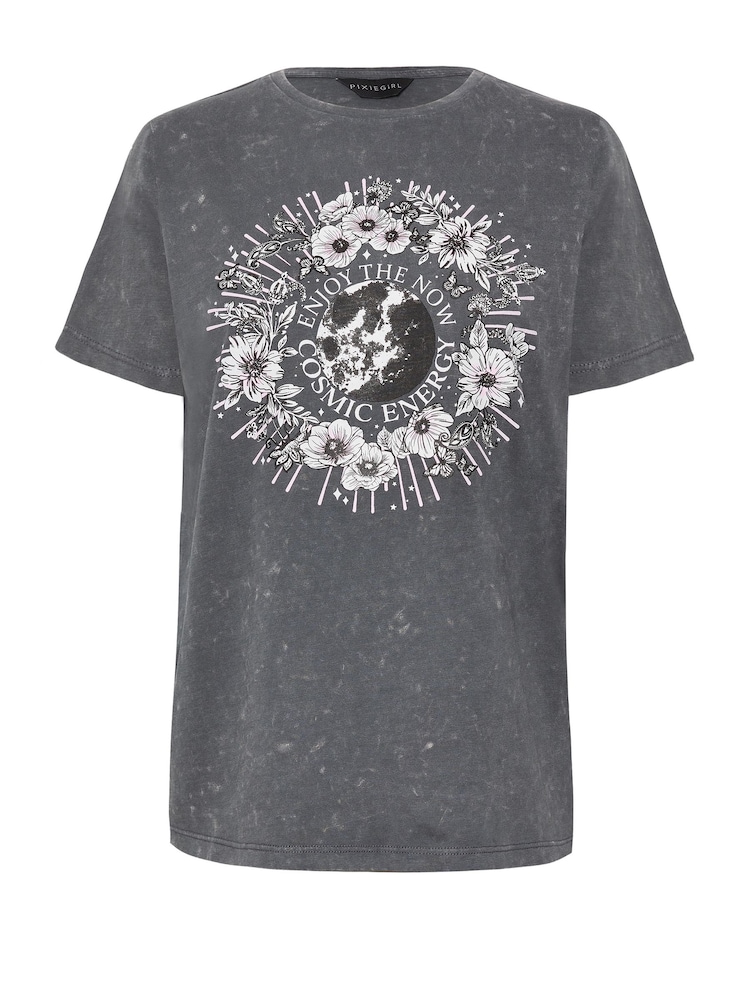 PixieGirl Petite Grey Acid Wash 'Cosmic Energy' 100% Cotton Slogan T-Shirt - Image 5 of 5