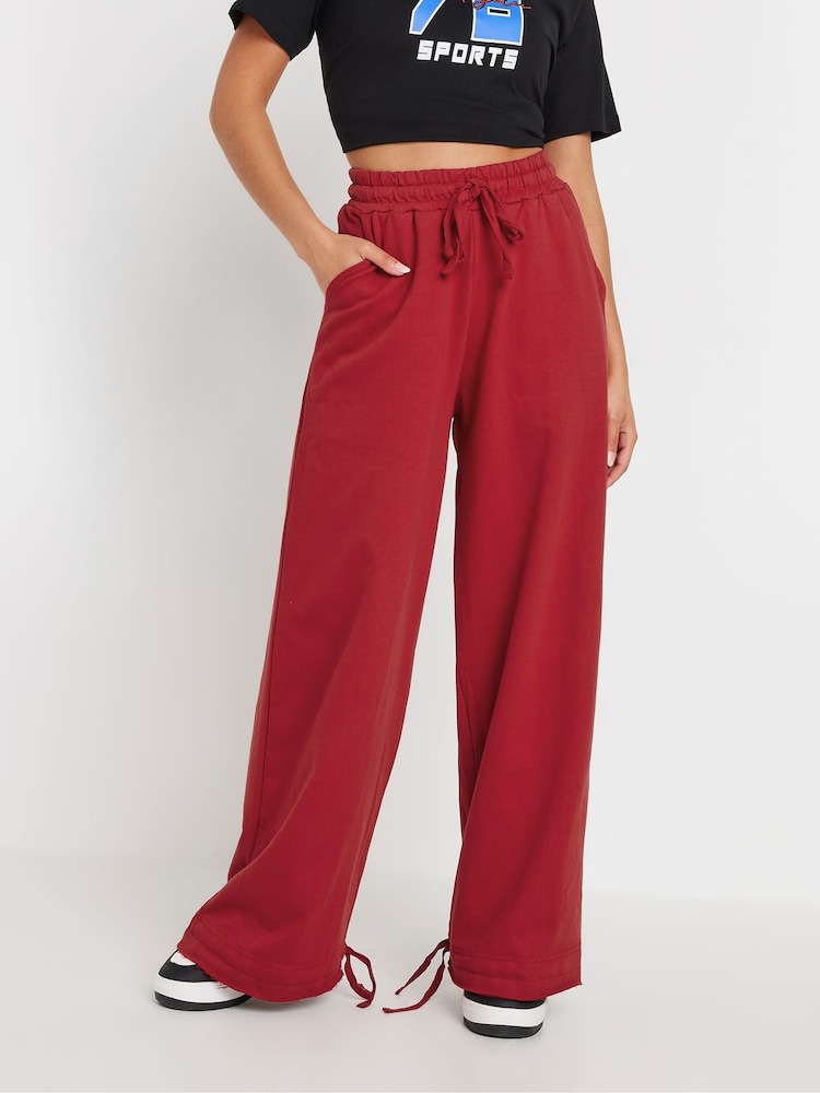 PixieGirl Petite Red Cuff Detail Wide Leg 100% Cotton Joggers - Image 2 of 6