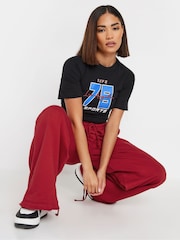 PixieGirl Petite Red Cuff Detail Wide Leg 100% Cotton Joggers - Image 4 of 6