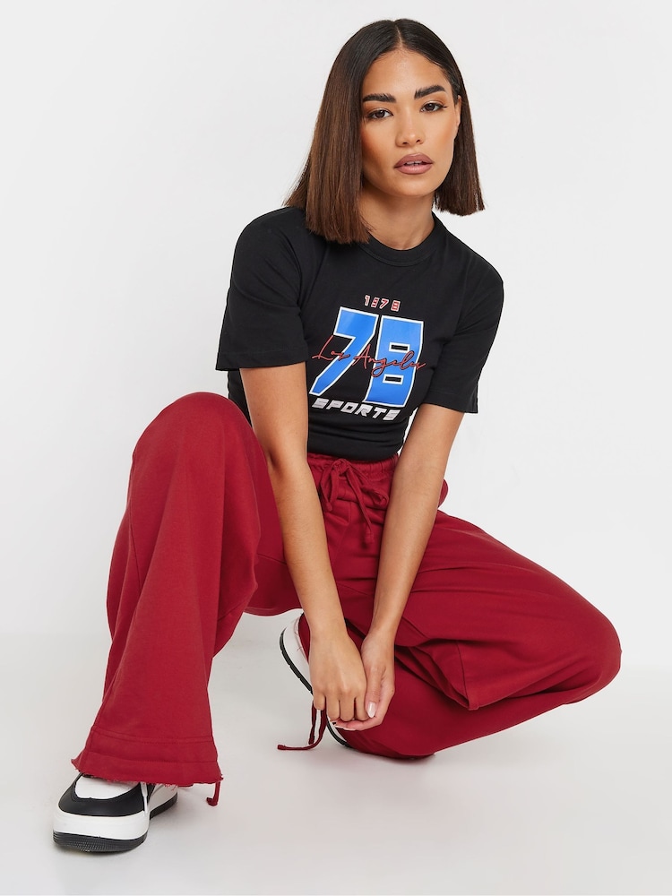PixieGirl Petite Red Cuff Detail Wide Leg 100% Cotton Joggers - Image 4 of 6