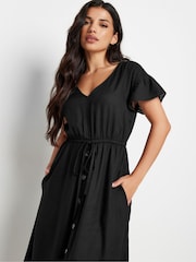 PixieGirl Petite Black Leopard Print Frill Sleeve Midi Dress With Linen - Image 1 of 5