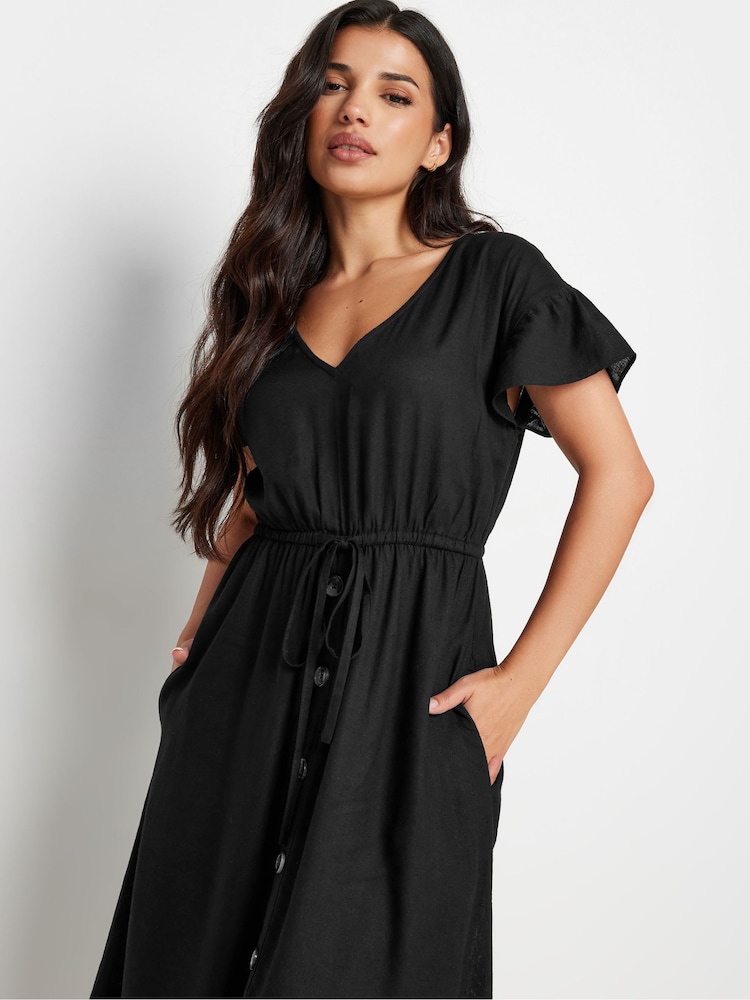 PixieGirl Petite Black Leopard Print Frill Sleeve Midi Dress With Linen - Image 1 of 5