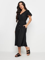 PixieGirl Petite Black Leopard Print Frill Sleeve Midi Dress With Linen - Image 2 of 5