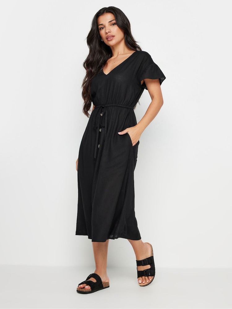 PixieGirl Petite Black Leopard Print Frill Sleeve Midi Dress With Linen - Image 2 of 5