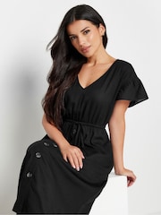 PixieGirl Petite Black Leopard Print Frill Sleeve Midi Dress With Linen - Image 4 of 5
