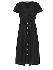 PixieGirl Petite Black Leopard Print Frill Sleeve Midi Dress With Linen - Image 5 of 5