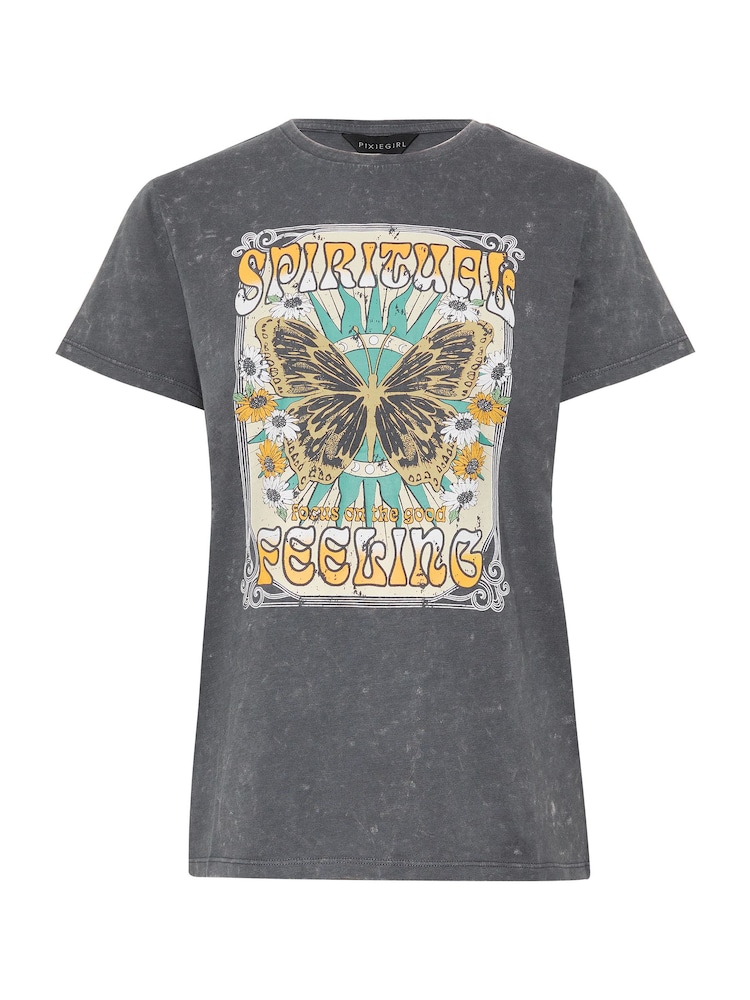 PixieGirl Petite Grey Acid Wash 'Spiritual Feeling' Slogan 100% Cotton T-Shirt - Image 5 of 5