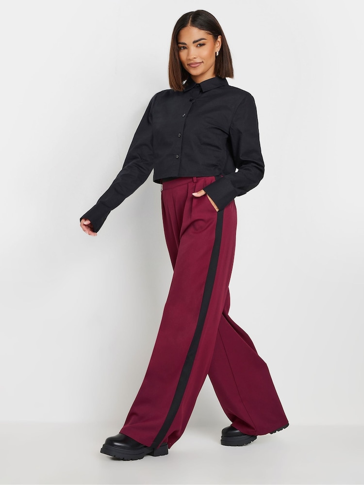 PixieGirl Petite Burgundy Red Side Stripe Contrast Wide Leg Trousers - Image 1 of 6