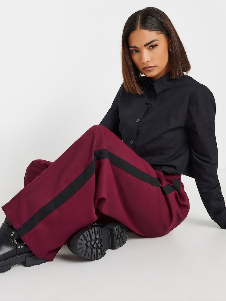 PixieGirl Petite Burgundy Red Side Stripe Contrast Wide Leg Trousers - Image 4 of 6