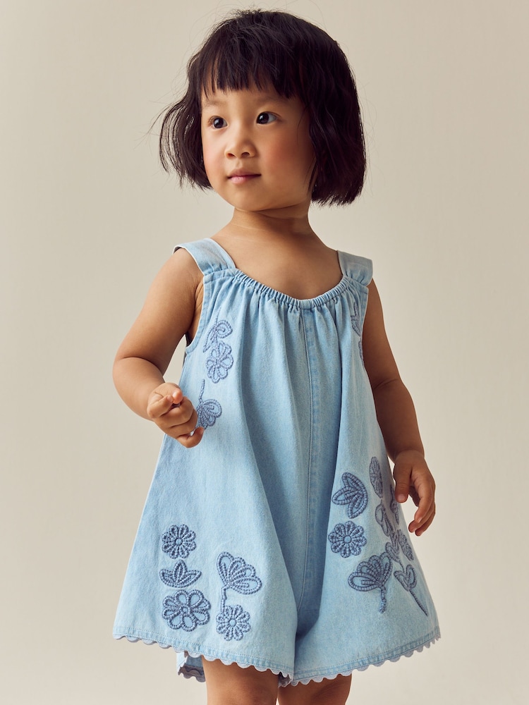 Denim 100% Cotton Flower Embroidered Playsuit (3mths-7yrs) - Image 1 of 7
