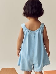 Denim 100% Cotton Flower Embroidered Playsuit (3mths-7yrs) - Image 2 of 7