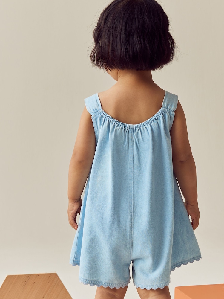 Denim 100% Cotton Flower Embroidered Playsuit (3mths-7yrs) - Image 2 of 7