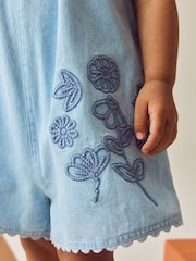 Denim 100% Cotton Flower Embroidered Playsuit (3mths-7yrs) - Image 3 of 7