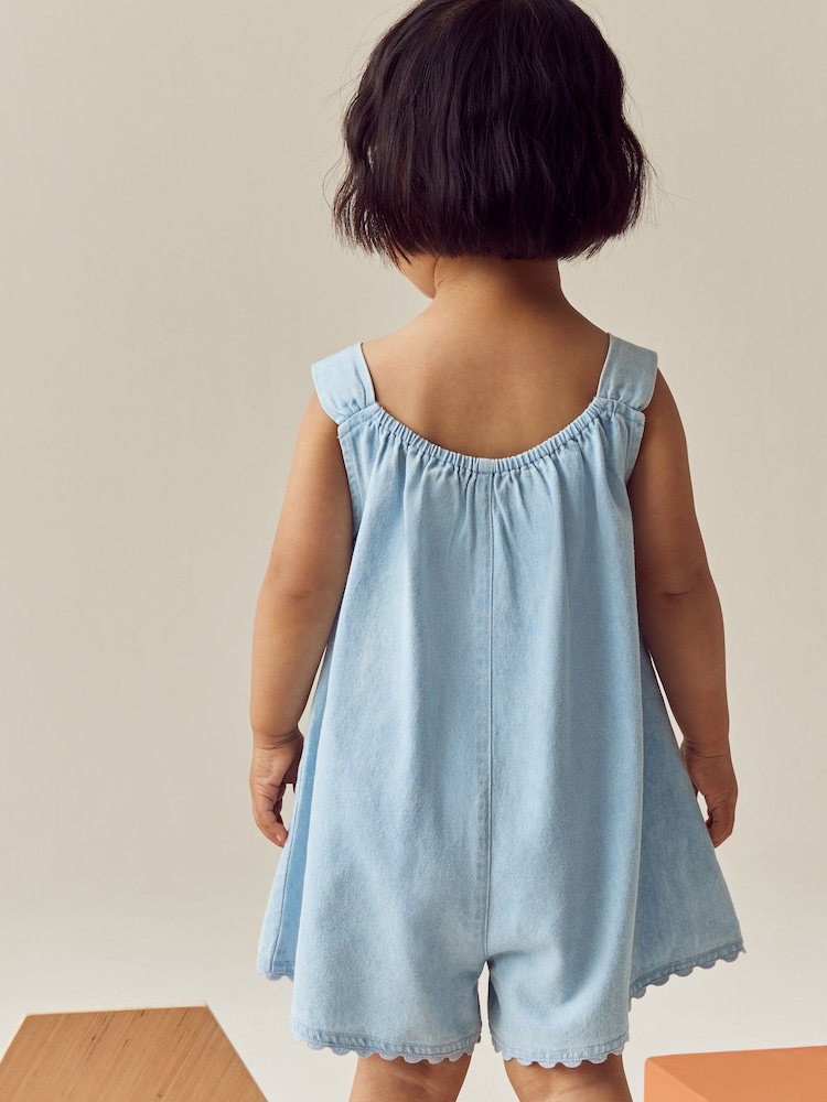 Denim 100% Cotton Flower Embroidered Playsuit (3mths-7yrs) - Image 3 of 7