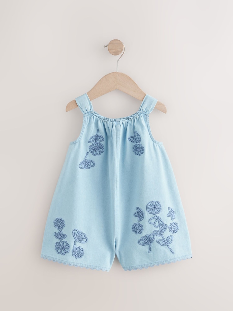 Denim 100% Cotton Flower Embroidered Playsuit (3mths-7yrs) - Image 4 of 7