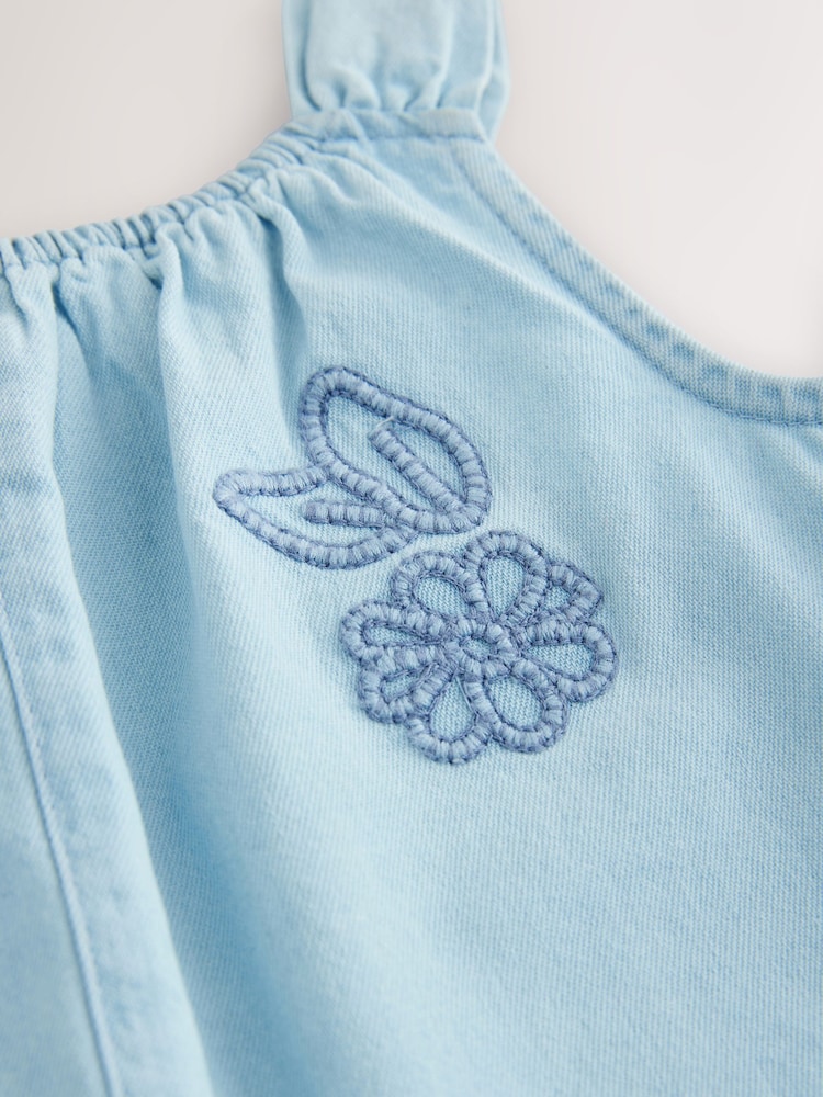 Denim 100% Cotton Flower Embroidered Playsuit (3mths-7yrs) - Image 6 of 7