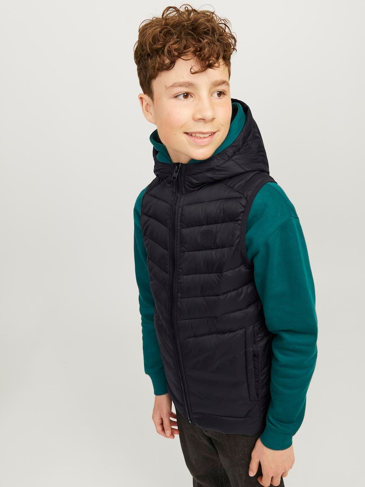 JACK & JONES JUNIOR Hodded Padded Black Gilet - Image 1 of 4