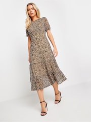 PixieGirl Petite Brown Petite Leopard Animal Print Short Sleeve Mesh Dress - Image 1 of 5