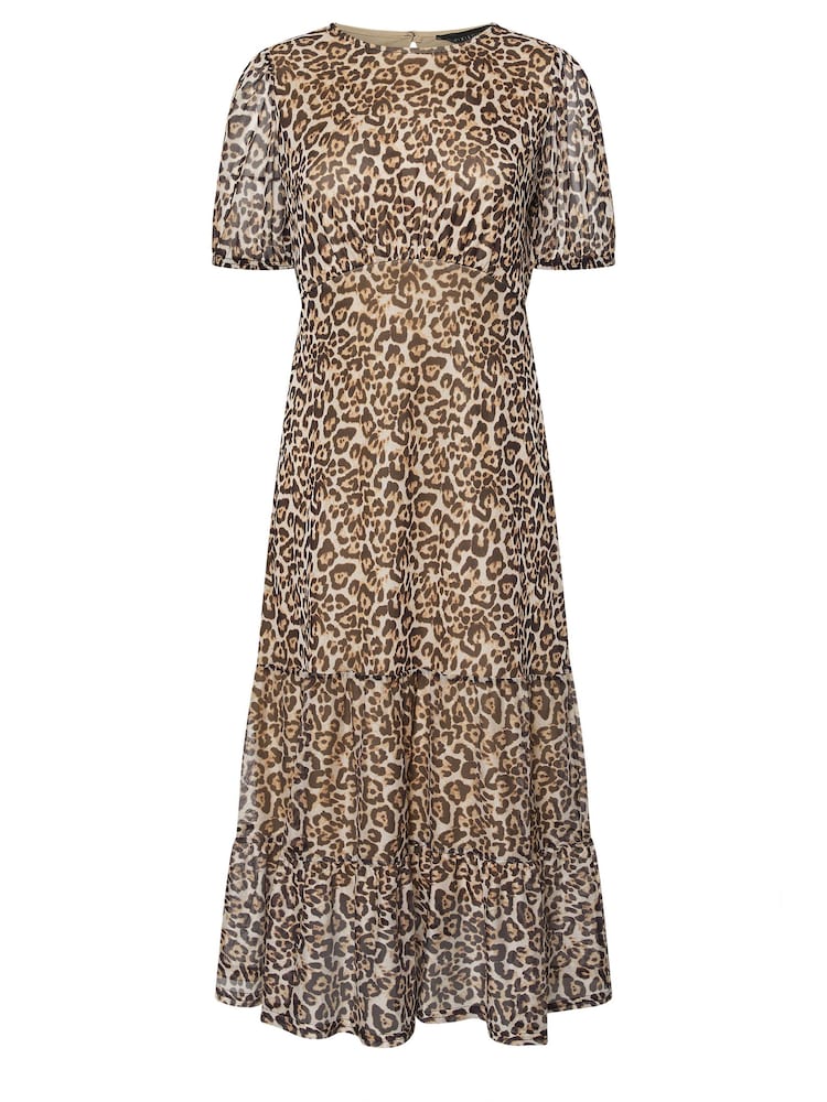 PixieGirl Petite Brown Petite Leopard Animal Print Short Sleeve Mesh Dress - Image 5 of 5