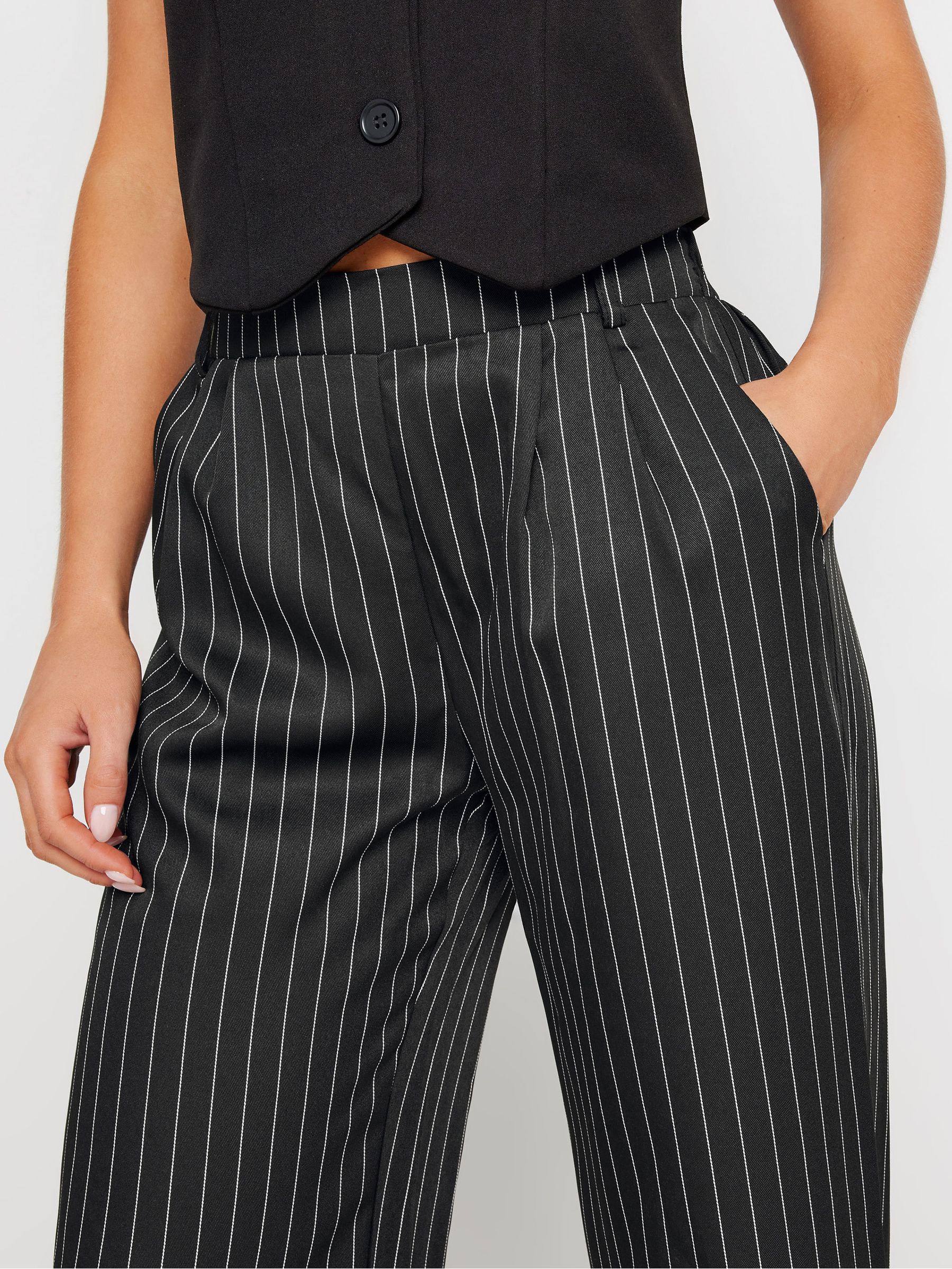 Buy PixieGirl Petite Black Pinstripe Wide Leg Trousers from