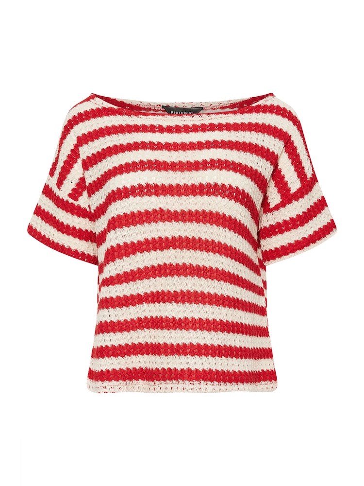 PixieGirl Petite Red Stripe Short Sleeve Crochet Top - Image 5 of 5